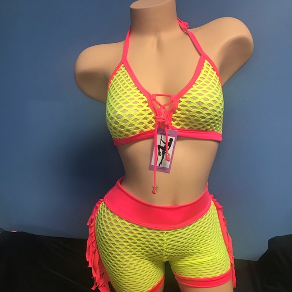 Neon yellow & coral fishnet shorts w fringes - Picture 1 of 4